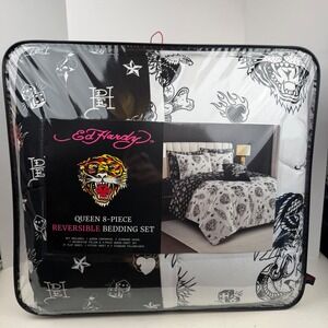Ed Hardy Queen 8-Piece Reversible Bedding Set Black White Tiger Skull Tattoo Art